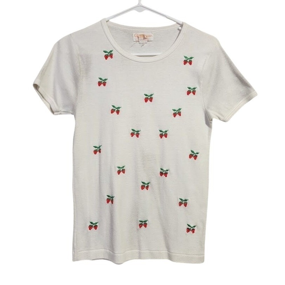 AVANTIQUE‎ VINTAGE 80's strawberry embroidered fruit graphic baby tee white S